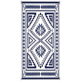 Reversible Outdoor Rug, Waterproof Plastic Straw with Carry Bag, 9' x 18', Blue & White Square Patchwork
