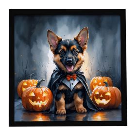 German Shepherd Puppy Halloween Framed Metal Print Bathroom, Kitchen, Office, Home Decor Wall Art Ready to Hang, Square, 8X8