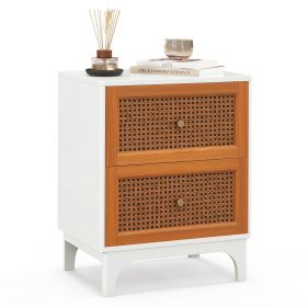 Boho Accent Table Nightstand with 2 Handwoven Rattan Decorated Drawers
