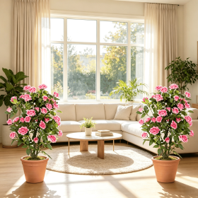 Set of 2 Artificial Rose Tree Blooming Flowers Green Leaves Indoor Decor Fake Rose Bushes for Home Decor