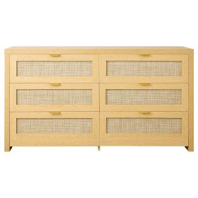 6 Drawer Rattan Dresser, Double Dresser for Bedroom, Natural Rattan Chest of Drawer with Metal Handle