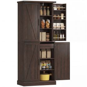 72" Tall Kitchen Pantry Cabinet, Farmhouse Storage Cabinet with 8 Door Racks and Adjustable Shelves, Distressed Brown