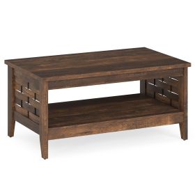 2-Tier Farmhouse Coffee Table with Open Shelf and Woven Decorations for Living Room (Color: Rustic Brown)
